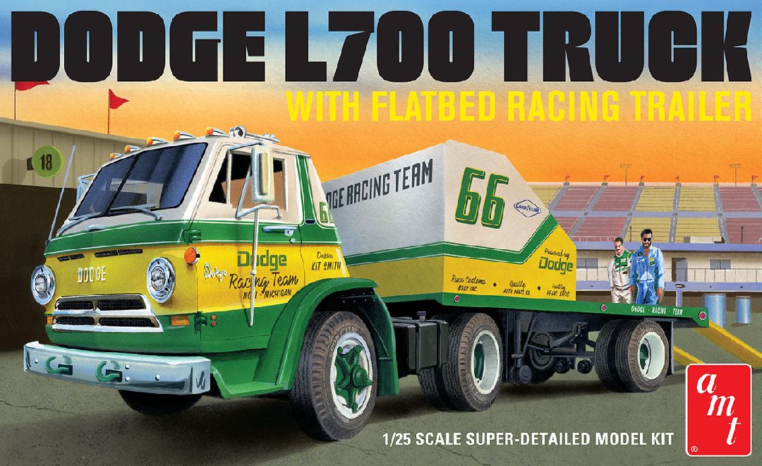 AMT 1/25 1966 Dodge L700 Truck w/ Flatbed Racing Trailer – image 4