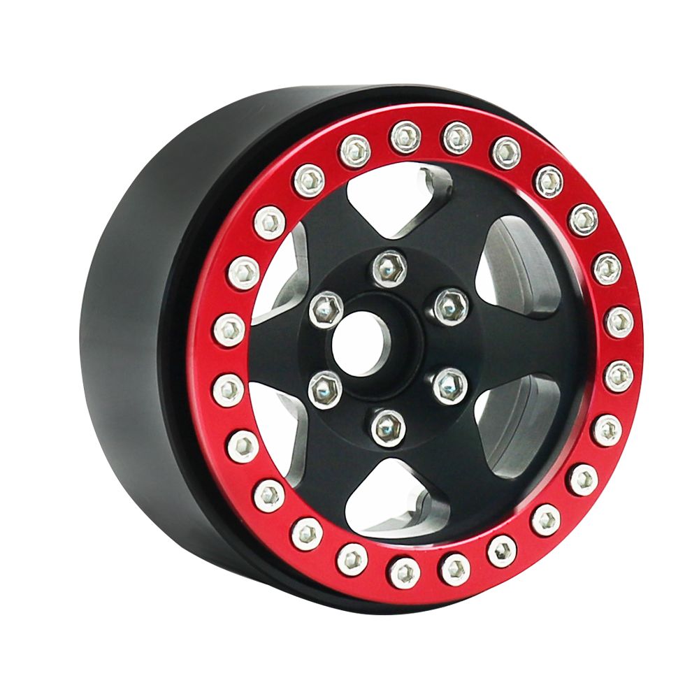 Hobby Details 1.9"Aluminum Wheels-6 Star (4)  Black / Red Ring – image 2