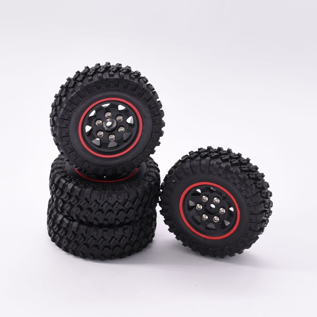 Hobby Details 1.0'' Pre-mounted Wheel & Tire Set (4) Red Stripe – image 3