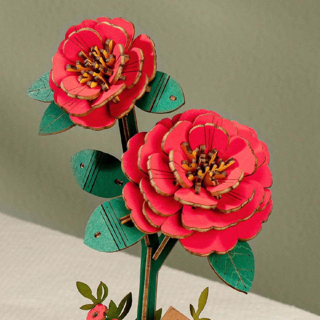 Rowood DIY Red Camellia 3D Wooden Puzzle – image 2