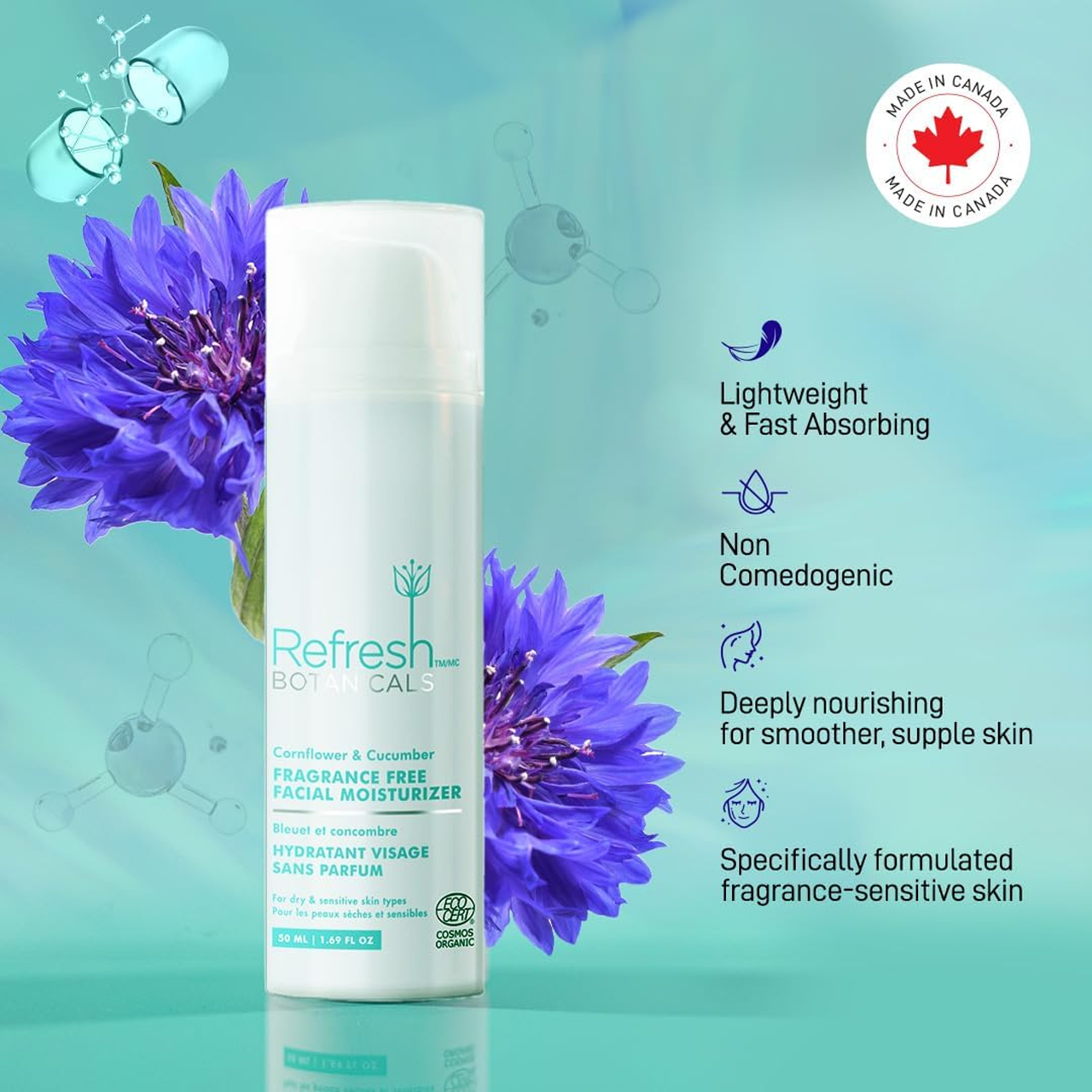 Refresh Botanicals - Fragrance Free Facial Moisturizer - Cornflower & Cucumber | 50 mL – image 3